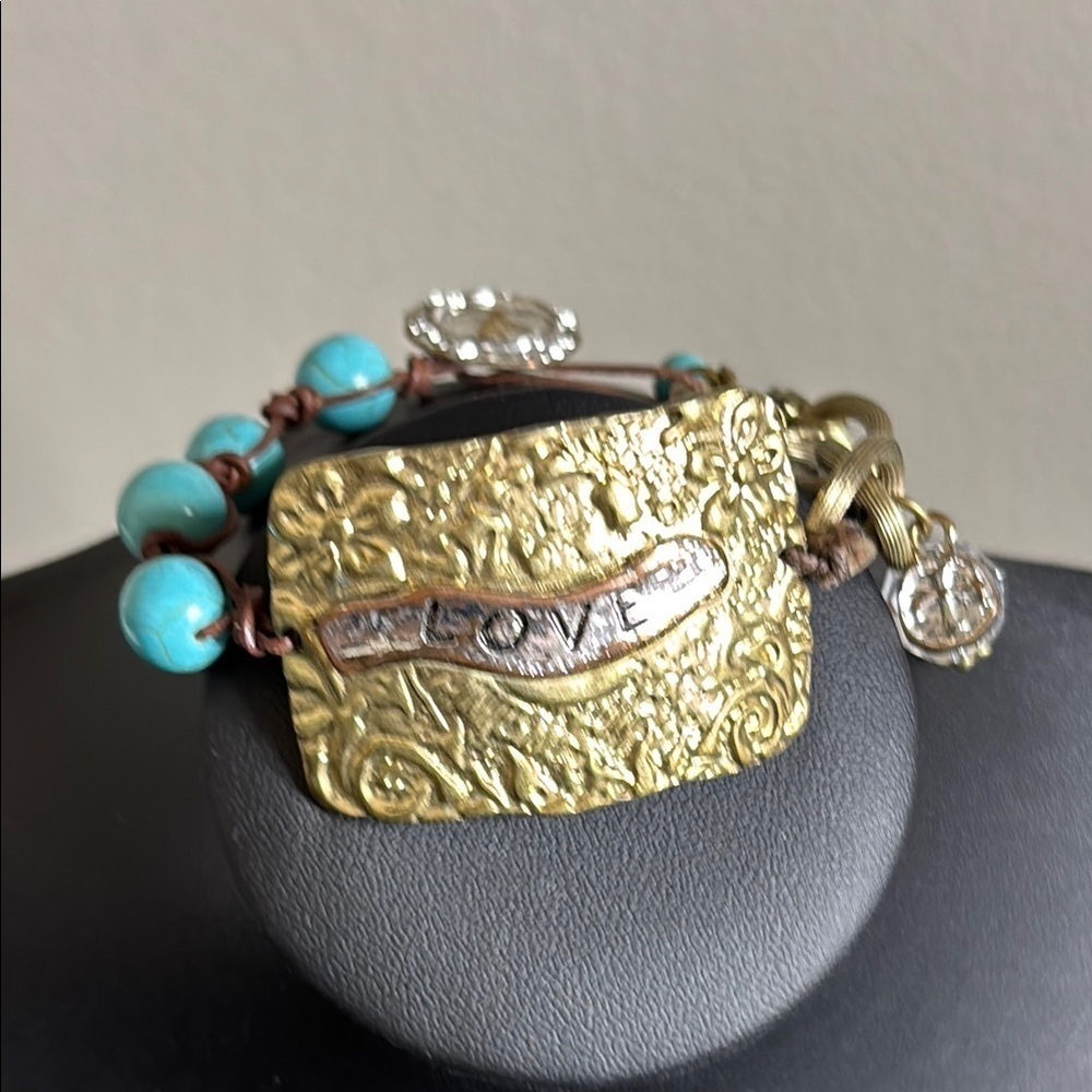 Engraved Gold Turquoise Bracelet with Love Inscription Beaded Charm